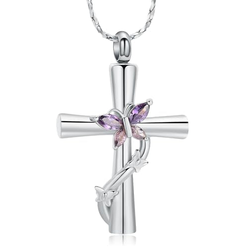Butterfly Cross Urn Necklace for Ashes Birthstone Cremation Jewelry for Men Women Ashes Pendant Keepsake Memorial Ash Jewelry - color: Silver-Purple