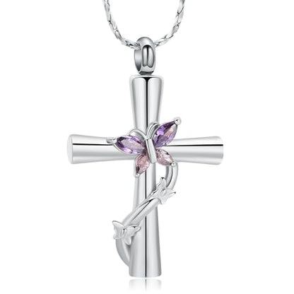 Butterfly Cross Urn Necklace for Ashes Birthstone Cremation Jewelry for Men Women Ashes Pendant Keepsake Memorial Ash Jewelry - color: Silver-Purple