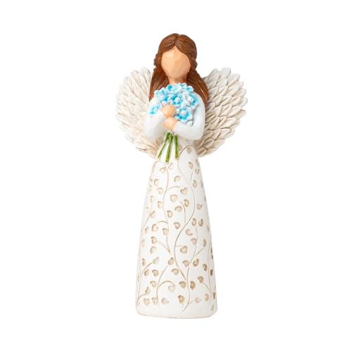 Decorative Angel Figurine with Forget-Me-Not Bouquet, White Dress with Leaf Pattern, Tree of Life Design - Collectible Sculpture for Mom Gifts, Forget Me Not Gifts for Women(Blue Flower) - color: Blue Flower