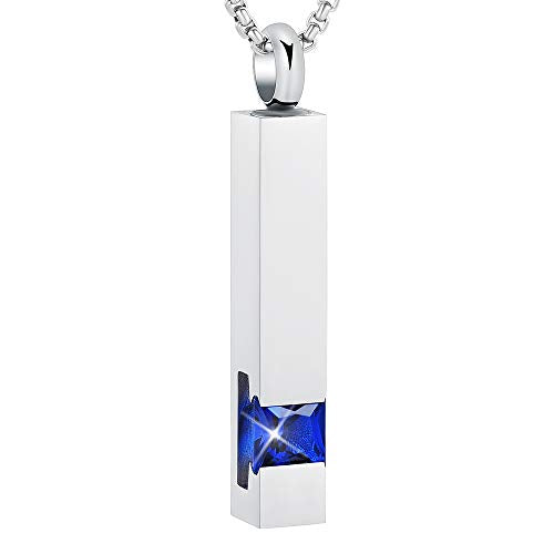 Oinsi Urn Necklaces for Ashes Crystal Cremation Urn Jewelry Birthstone Cube Urns for Human Ashes Memorial Ashes Necklace Pendant Keepsake CZ Bar Urn Locket for Men Women - color: Sliver (Dark Blue Stone)