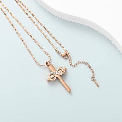 Imrsanl Infinity Love Cross Cremation Jewelry Ashes Religious Cross Urn Pendant Necklace for Women Men Pet Ashes Memorial Keepsake Jewelry - color: Rose Gold
