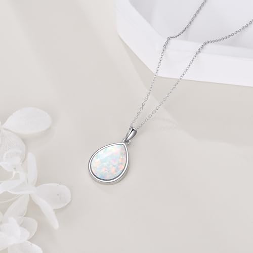 CRMAD Larimar/Opal/Lapis Lazuli/Tourmaline/Malachite/Labradorite/Turquoise/Onyx/Rose Quartz/Amber/Peridot Necklace for Women 925 Sterling Silver Teardrop Pendant Jewelry Gifts - color: Opal