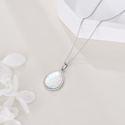 CRMAD Larimar/Opal/Lapis Lazuli/Tourmaline/Malachite/Labradorite/Turquoise/Onyx/Rose Quartz/Amber/Peridot Necklace for Women 925 Sterling Silver Teardrop Pendant Jewelry Gifts - color: Opal