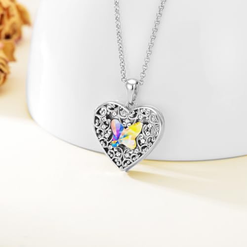 Dorunmo Personalized Locket Necklace 925 Sterling Silver that Holds Pictures Butterfly Birthstone Photo Heart Locket Custom Jewelry Congratulations New Beginnings New Job Gifts for Women - color: Butterfly Colorful, style: Only Locket