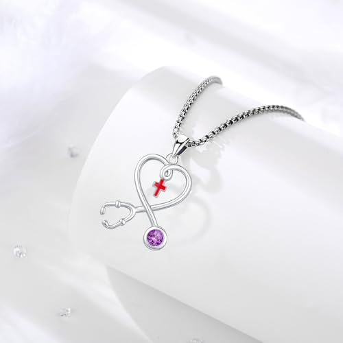 Angel Wings Necklace 925 Sterling Silver Guardian Angel Nurse RN Caduceus Pendant Charm Crystal Angel Jewelry Gifts for Women - style: H-Stethoscope-02-Feb.-Amethyst