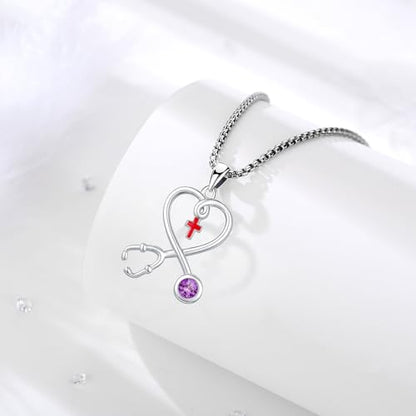 Angel Wings Necklace 925 Sterling Silver Guardian Angel Nurse RN Caduceus Pendant Charm Crystal Angel Jewelry Gifts for Women - style: H-Stethoscope-02-Feb.-Amethyst