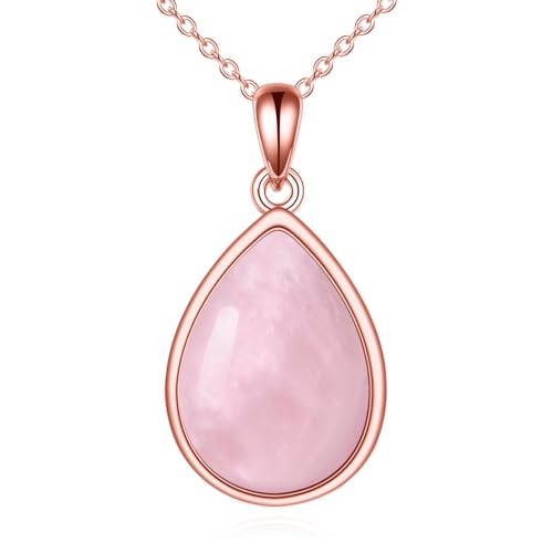 CRMAD Larimar/Opal/Lapis Lazuli/Tourmaline/Malachite/Labradorite/Turquoise/Onyx/Rose Quartz/Amber/Peridot Necklace for Women 925 Sterling Silver Teardrop Pendant Jewelry Gifts - color: Rose Quartz-Rose Gold