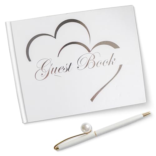 Wedding Guest Book, Guest Book with a Pen, White Guest Book Wedding Reception, Guest Book with Gray Heart Design, Wedding Guest Book Pictures with 100 Lined and White Pages.