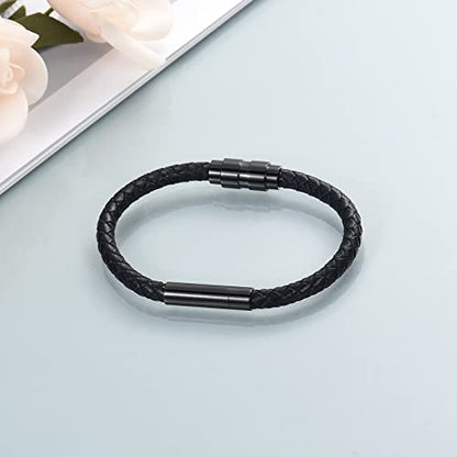 shajwo Cremation Jewelry Urn Bracelet for Ashes for Women Men Cylinder Genuine Leather Bangle Bracelet Ashes Memorial Keepsake Jewelry - color: Screw Black-22cm