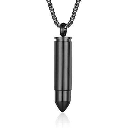 Bullet Urn Necklace for Ashes Stainless Steel Box Chain 24 inch American Flag Pendant Cremation Memorial Jewelry for Men - color: Black