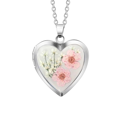 Handmade Heart Shaped Dried Pressed Forget Me Not Flower Photo Locket Pendant Necklace - color: Silver, style: PINK+GREY