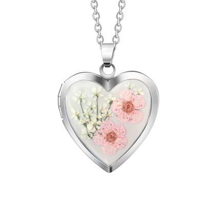 Handmade Heart Shaped Dried Pressed Forget Me Not Flower Photo Locket Pendant Necklace - color: Silver, style: PINK+GREY