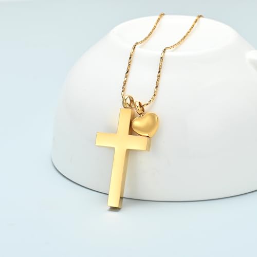 Imrsanl Religious Cross Urn Necklace Cremation Jewelry Keepsake | Stainless Steel, Memorial Urn Pendant, For Human Pet Ashes, For Women Men - color: Gold with Heart