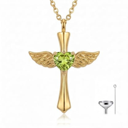 14K Gold Angel Wings Cross URN Necklace Cremation Necklaces for Ashes Embellished with Birthstone, Yellow Gold Fine Keepsake Memorial Jewelry - color: August Birthstone