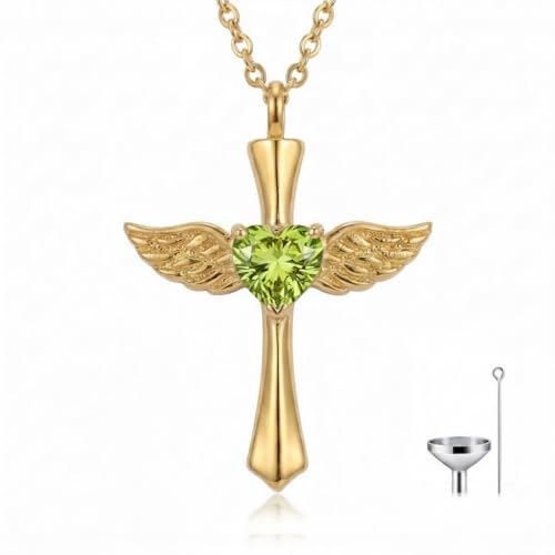 14K Gold Angel Wings Cross URN Necklace Cremation Necklaces for Ashes Embellished with Birthstone, Yellow Gold Fine Keepsake Memorial Jewelry - color: August Birthstone