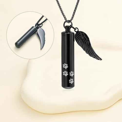 Cylinder Cremation Jewelry Urn Necklace Pet Ashes Pet Paw Memorial Ashes Necklace with Angel Wing for Dog/Cat Keepsake Jewelry for Men Women - color: Black（Large）