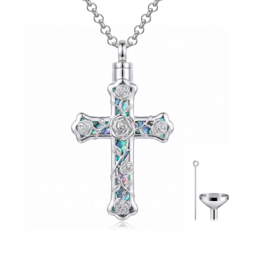 PELOVNY Urn Necklaces for Ashes of Loved Ones 925 Sterling Silver Personalized Heart Locket Urn Necklace Cremation Keepsake Memorial Jewelry Gifts for Women Men - color: Rose Cross Urn