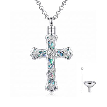 PELOVNY Urn Necklaces for Ashes of Loved Ones 925 Sterling Silver Personalized Heart Locket Urn Necklace Cremation Keepsake Memorial Jewelry Gifts for Women Men - color: Rose Cross Urn