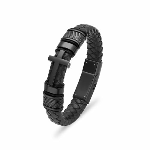 Urn Bracelet for Ashes With Leather Cremation Knot Cross Bracelet Stainless Steel Keepsake Cuff Bangle for Men Gifts With Funnel Kit & Bag - color: Black-24cm