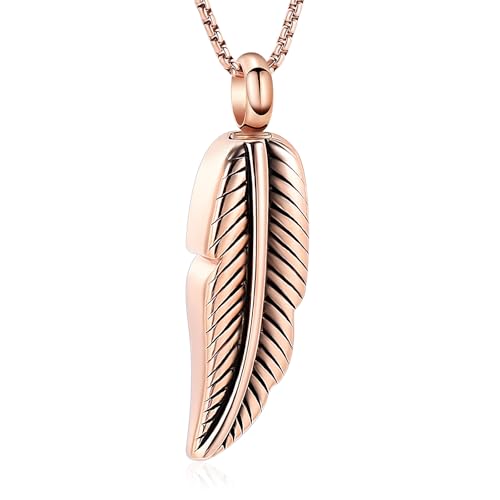 Oinsi Stainless Steel Feather Urn Necklace Hold Cremation Ashes Keepsake Memorial Jewelry +Box+Fill Kits - color: Rose Gold