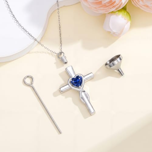 YYB Urn Necklace for Ashes Women Heart Birthstone Cross Cremation Jewelry | Memorial Keepsake Funeral Jewelry for Loved Ones (with Funnel Filler) - color: 09-Sep-Sapphire