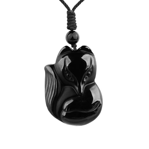 ASGIFT Black Obsidian Necklace Healing Crystal Stone Amulet Protection Pendant with Adjustable Rope Necklace Birthday Christmas Gift for Men Women - color: FoxA Black
