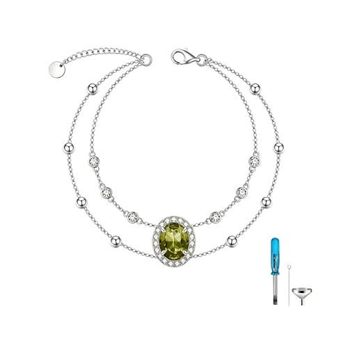 Cremation Urn Bracelets 925 Sterling Silver Double Layered Cremation Ash Bracelet for Ashes with 12 Months Birthstone Urn Jewelry for Women Loved One Animals,Chain Length 7"+2" Extend - color: 08-August
