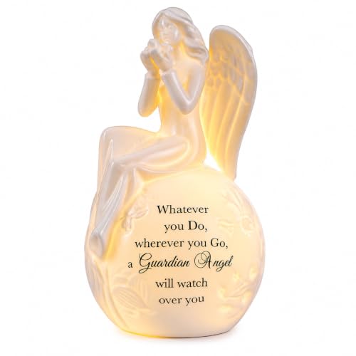 Guardian Angel Figurine with LED Light, Ceramic Angel Statue, Inspirational Faith Keepsake, Christian Home Decor, Encouragement, Graduation, Baptism, Thinking of You, Batteries Included - color: White With Warm Led