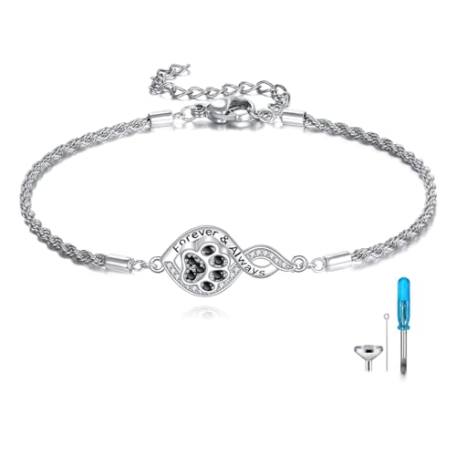 Pet Paw Urn Bracelet for Ashes Sterling Silver Cremation Pendant Bracelet Ashes Jewelry Gifts for Dog Cat Lover Women