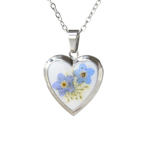 Heart Locket Necklace That Holds Pictures Pressed Flower Photo Locket Pendant Necklace for Girl Women Gift for Her - style: forget me not-silver