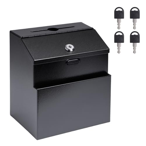 Suggestion Box with Slot and Lock, Wall Mounted Metal Voting Box, Donation Box, Cash Box with 4 Keys