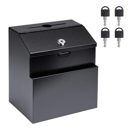 Suggestion Box with Slot and Lock, Wall Mounted Metal Voting Box, Donation Box, Cash Box with 4 Keys