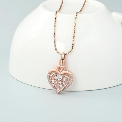 Imrsanl Tree of Life Heart Urn Necklace for Ashes Loved Ones Keepsake Cremation Jewelry Funeral Memorial Ashes Holder Pendant for Women - color: Rose Gold-White