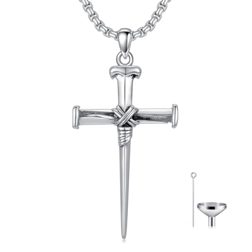 Cross Urn Necklace for Ashes Fish Hook Antler Cremation Pendant 925 Sterling Silver Nail Cross Memorial Jewelry Engraving Name Keepsake Gifts for Men Dad Husband - color: 4-Nail Cross, style: 2-Custom engraving