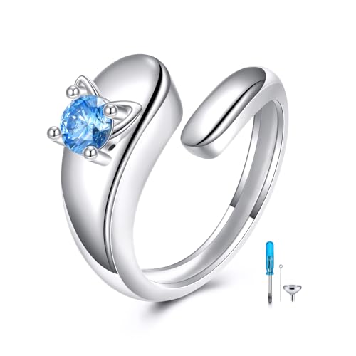 Sterling Silver Birthstone Urn Ring for Ashes Pets Dog Cat Keepsake Birthstone Memorial Cremation Jewelry for Women - style: Cat