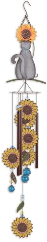 Sunset Vista Designs Windchimes - Rustic Metal Sunflower Wind Chime for Outdoors, 33.5" Long, Chartreux Cat - color: Chartreux Cat