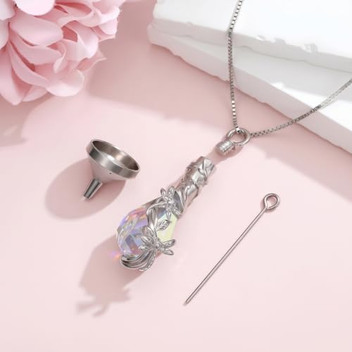 Butterfly/Dragonfly/Ladybug/Bee/Hummingbird Urn Necklace for Ashes Teardrop Crystal Keepsake Pendant Memorial Jewelry with Funnel Filler for Women - color: Dragonfly