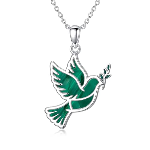 Dove/Hummingbird/Red Cardinal/Dragonfly/Butterfly Necklace 925 Sterling Silver Turquoise/Opal/MoonStone/Crystal/Malachite Bird Necklace Dove Pendant Jewelry for Women Men - color: Dove Malachite