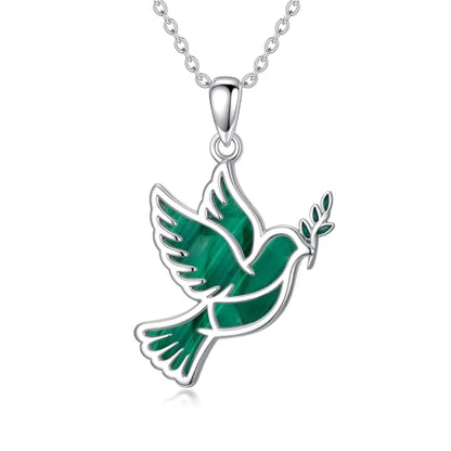 Dove/Hummingbird/Red Cardinal/Dragonfly/Butterfly Necklace 925 Sterling Silver Turquoise/Opal/MoonStone/Crystal/Malachite Bird Necklace Dove Pendant Jewelry for Women Men - color: Dove Malachite