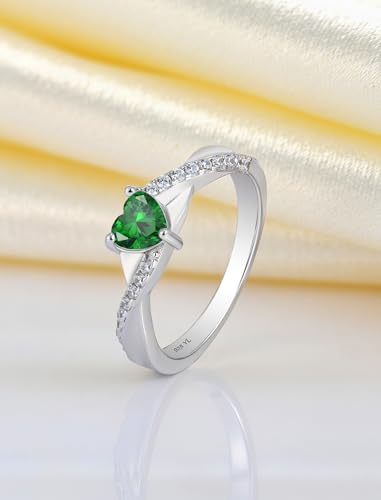 YL 925 Sterling Silver Engagement Rings 5MM Heart Cut Birthstone Infinity Ring for Women-size5 - color: 05-emerald-May