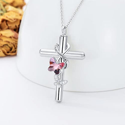 Cross Urn Necklace for Ashes 925 Sterling Silver Cremation Jewelry with Funnel Filler Kit Ashes Necklace for Human Women Girl Pets - color: A_Pink Butterfly Urn Necklace, style: Non-personalized