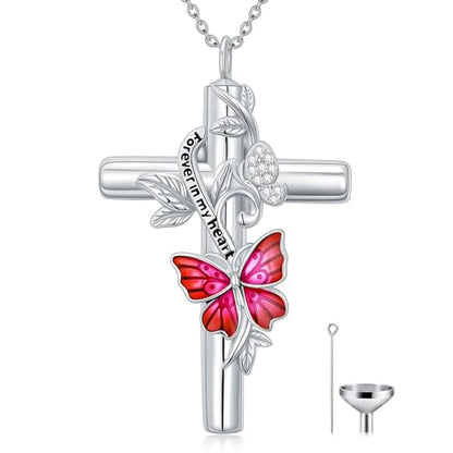 SOULMEET Enamel Butterfly Cross Urn Necklace for Ashes, Cross Moissanite Butterfly Ashes Necklaces with Forever in My Heart Engraved Keepsake Cremation Locket Jewelry for Women Men - color: F-Pink, style: Non Custom