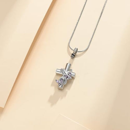 Cross Cremation Jewelry Butterfly Urn Necklace for Human Ashes for Women Men Memorial Ashes Keepsake Birthstone Pendant - color: Silver-Purple