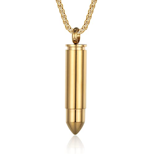 Bullet Urn Necklace for Ashes Stainless Steel Box Chain 24 inch American Flag Pendant Cremation Memorial Jewelry for Men - color: Gold