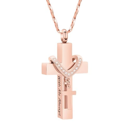 Cross Urn Necklace for Ashes Cremation Jewelry with Mini Keepsake Engraved Memorial Ash Pendant for Loved Ones Sympathy Gift - With Me Always - color: Rose Gold-With Me Always