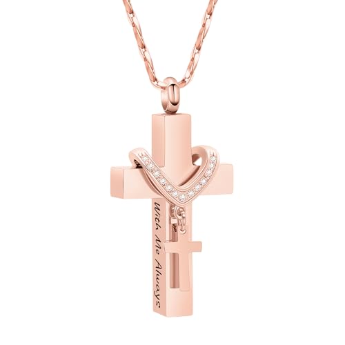 Cross Urn Necklace for Ashes Cremation Jewelry with Mini Keepsake Engraved Memorial Ash Pendant for Loved Ones Sympathy Gift - With Me Always - color: Rose Gold-With Me Always