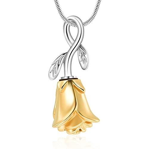 Rose Flower Cremation Urn Necklace for Ashes Stainless Steel Memorial Cremation Ash Jewelry Keepsake Pendant Necklace for Women Girl - color: Gold