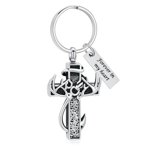 Imrsanl Cross Urn Necklace for Ashes for Women Men | Cremation Jewelry, Fish Hook Deer Antler Design Memorial Pendant, Human Pets Ashes Holder Keepsake - color: Keychain-Silver-1
