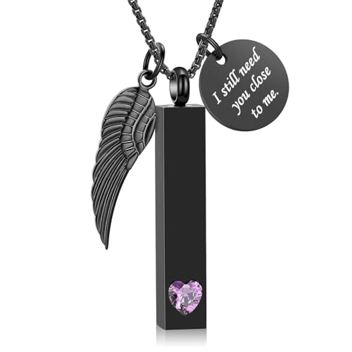Oinsi Urn Necklaces for Ashes Crystal Cremation Urn Jewelry Birthstone Cube Urns for Human Ashes Memorial Ashes Necklace Pendant Keepsake CZ Bar Urn Locket for Men Women - color: A-Black(Purple)