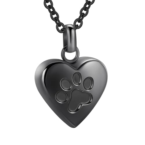 Pet Heart Cremation Jewelry For Ashes For Dog/Cat Paw Stainless Steel Memorial Locket Urn Necklace Paw Print Pet Heart Urn Necklace Memorial Keepsake Jewelry Ashes - color: Black